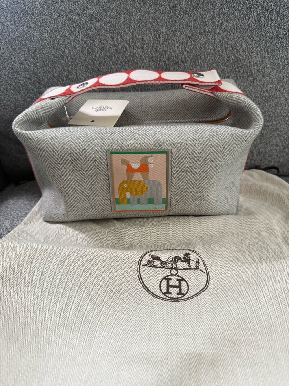 Hermes Mini Bag Gray with Red and White Handle